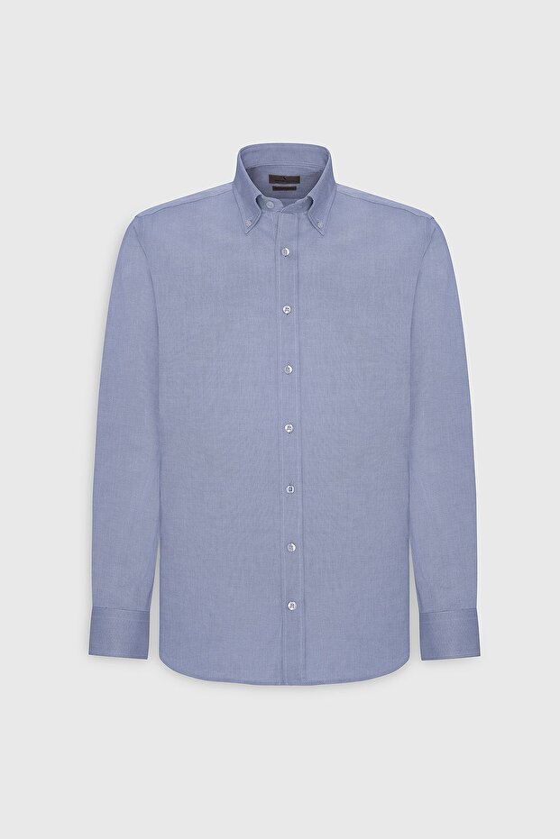 Erkek Mavi Slim Fit Dar Kesim Düğmeli Yaka %100 Pamuk Oxford Gömlek - 6