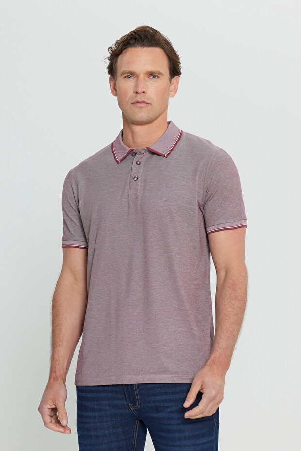 Erkek Çekmeyen Pamuklu Kumaş Slim Fit Dar Kesim Bordo Kıvrılmaz Polo Yaka T-shirt - 1
