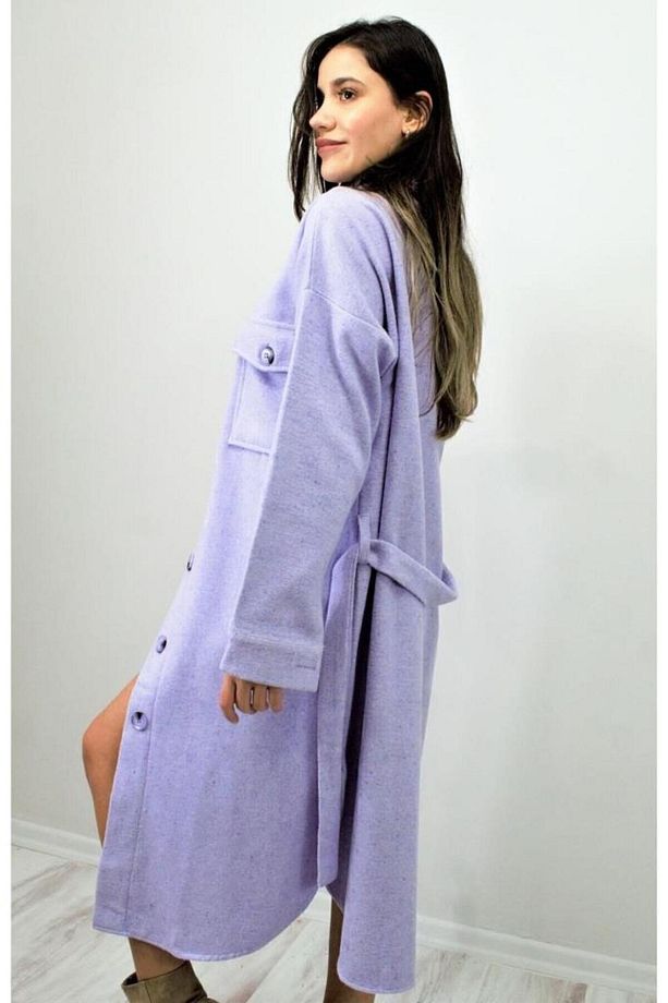 Kadın Kaşe Kemerli Çift Cep Düğmeli Uzun Oversize Oduncu Gömlek Tunik Elbise 3280308 - 1