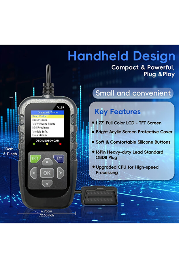 أداة تشخيص ماسح ضوئي Obd2 باللون الأسود مع جهاز اختبار الجهد، وقارئ رمز خطأ محرك Obdii، وEOBD + CAN C - 5