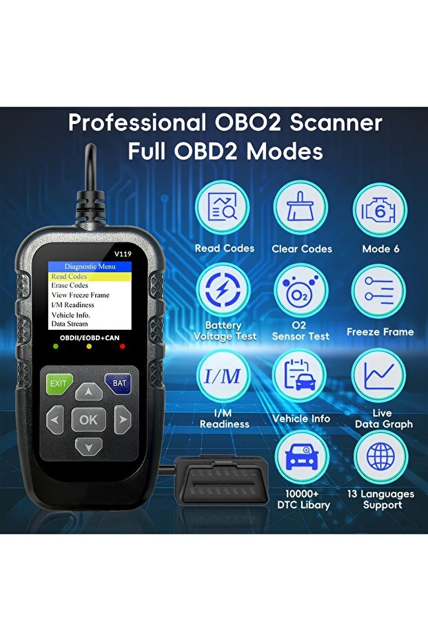 أداة تشخيص ماسح ضوئي Obd2 باللون الأسود مع جهاز اختبار الجهد، وقارئ رمز خطأ محرك Obdii، وEOBD + CAN C - 2