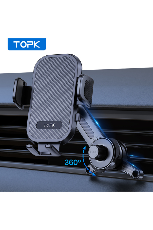 black TOPK Car Phone Holder Stand, Extended Arm 3-Point Support Extendable Metal Hook Superior Stabi