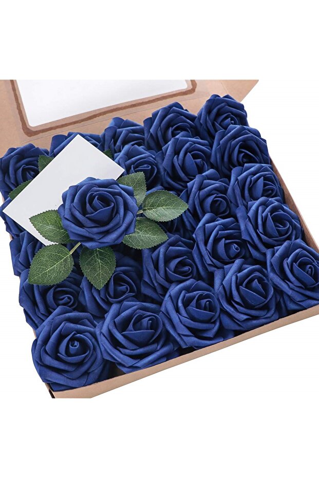 Royal Blue Artificial Flowers 25pcs Real Looking Royal Blue Foam Fake Roses with Stems for DIY Table