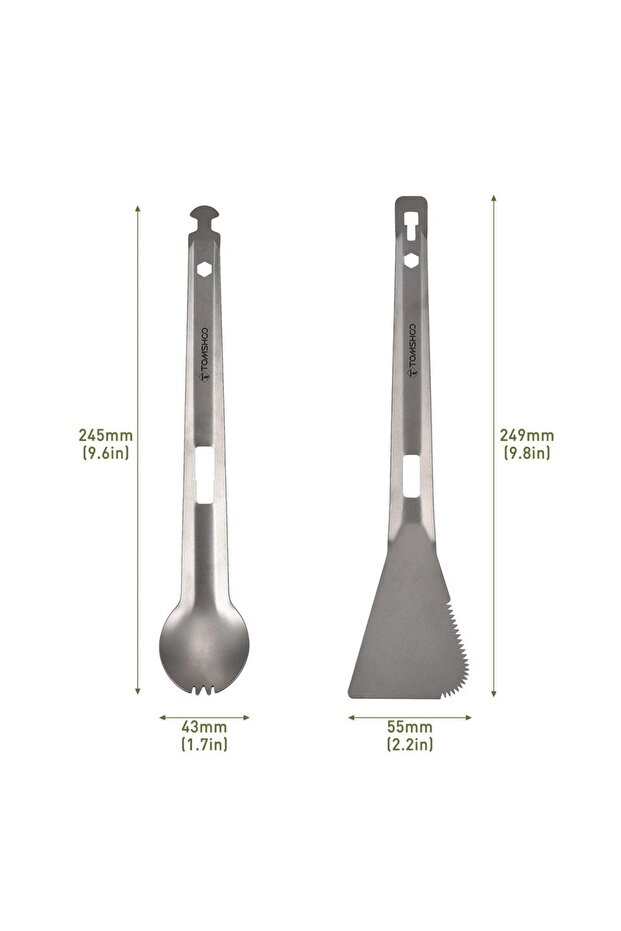 Silver TOMSHOO Titanium Serving Tongs Multi-Purpose BBQ Tongs with Spork and Serrated Spatula for Ou