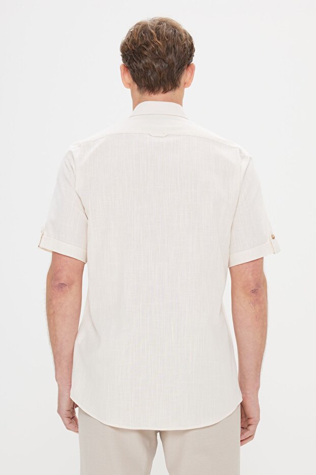 Erkek Bej Comfort Fit Rahat Kesim Düğmeli Yaka Keten Görünümlü %100 Pamuk Flamlı Kısa Kollu Gömlek - 5