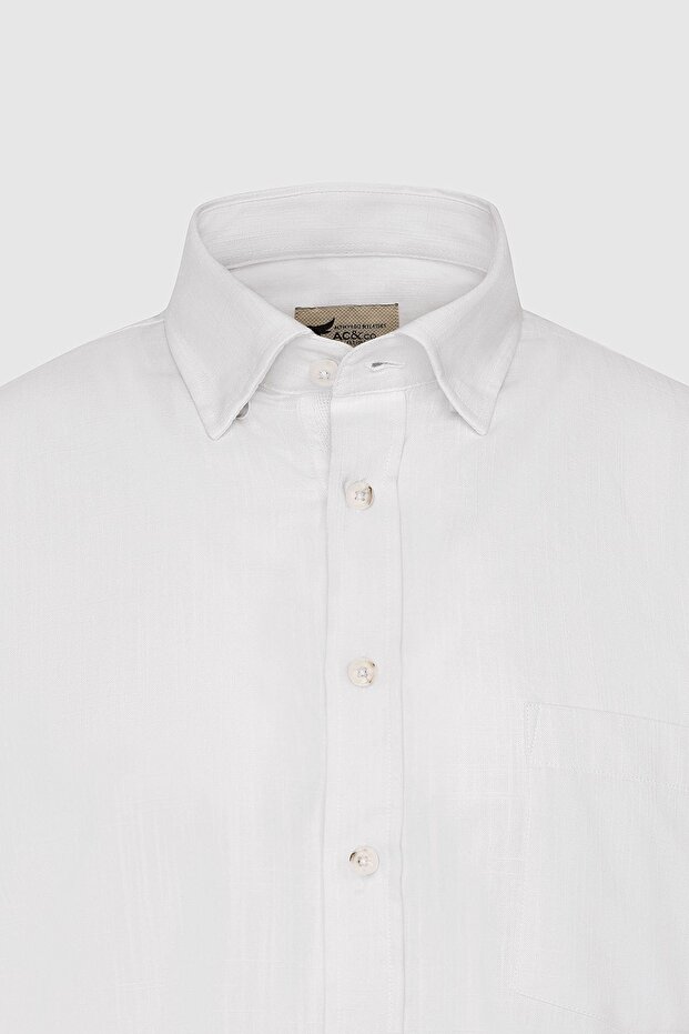 Erkek Beyaz Comfort Fit Rahat Kesim Düğmeli Yaka Keten Görünümlü %100 Pamuk Kısa Kollu Gömlek - 7