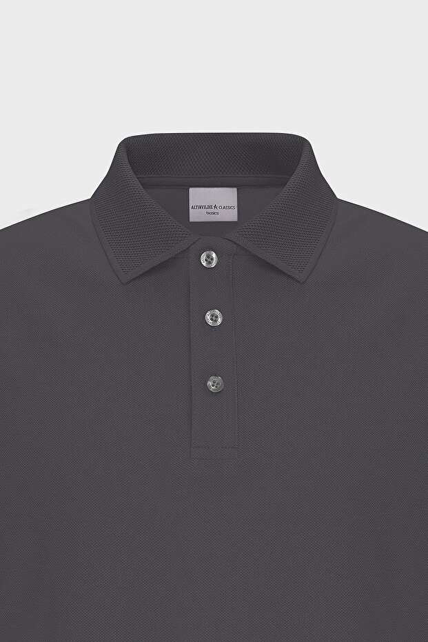 Erkek Antrasit %100 Pamuk Kıvrılmaz Pike Polo Yaka Slim Fit Dar Kesim Tişört - 8