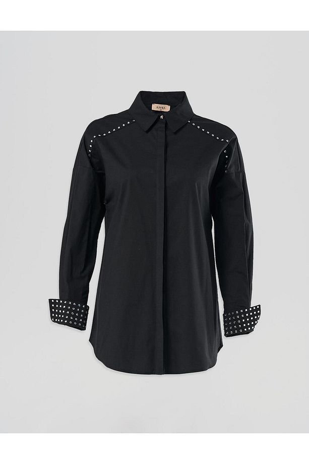 Taş İşlemeli Poplin Tunik Siyah - 4