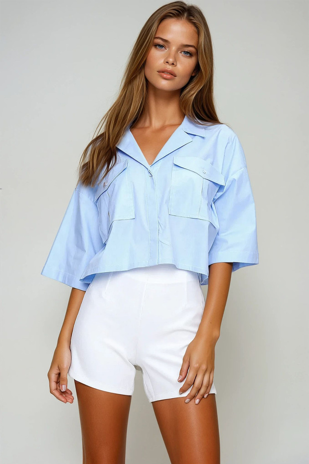 Women's Blue Envelope Pocket Crop Poplin Shirt Vgn-X6045