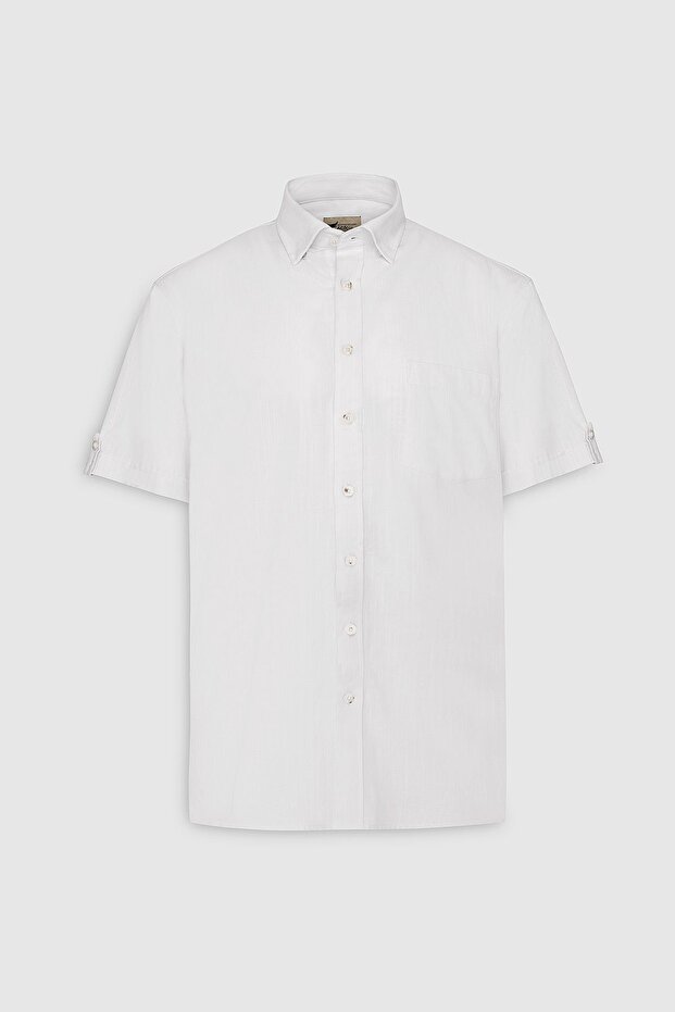 Erkek Beyaz Comfort Fit Rahat Kesim Düğmeli Yaka Keten Görünümlü %100 Pamuk Kısa Kollu Gömlek - 6