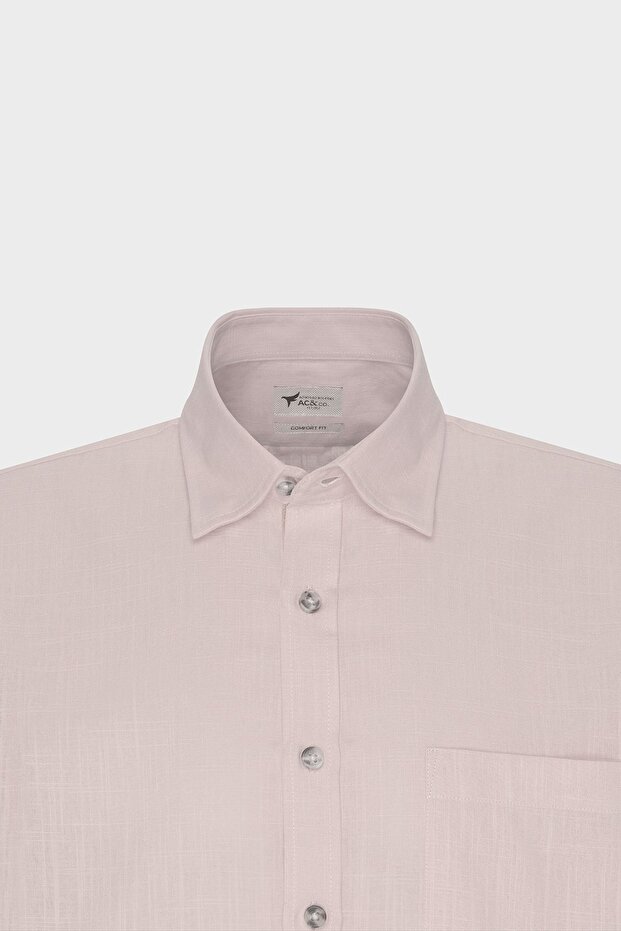 Erkek Pembe Comfort Fit Rahat Kesim Düğmeli Yaka Keten Görünümlü %100 Pamuk Kısa Kollu Gömlek - 7