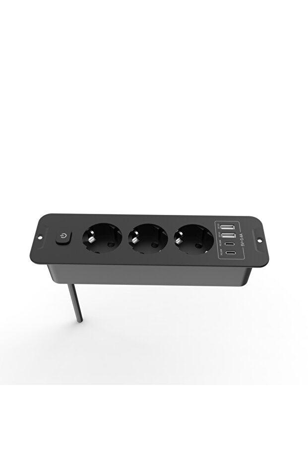 شريط طاقة مدمج أسود من الاتحاد الأوروبي 3 مقبس سطح مكتب مدمج مع 2 منفذ USB 2 من النوع C للشحن السريع ومتعدد الاستخدامات