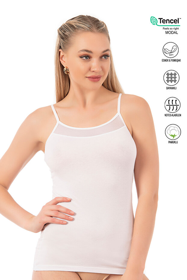 Özkan 26819 Women's Cotton Modal Tulle Detailed Thin Strap Undershirt