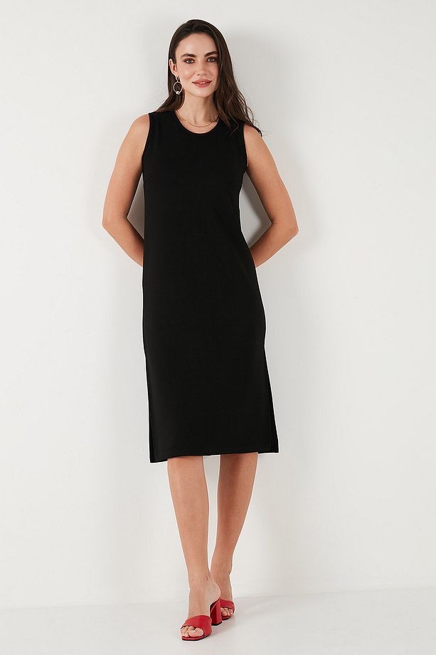 Regular Fit Bisiklet Yaka Yırtmaç Detaylı Basic Midi Elbise ELBİSE 5866160 - 4