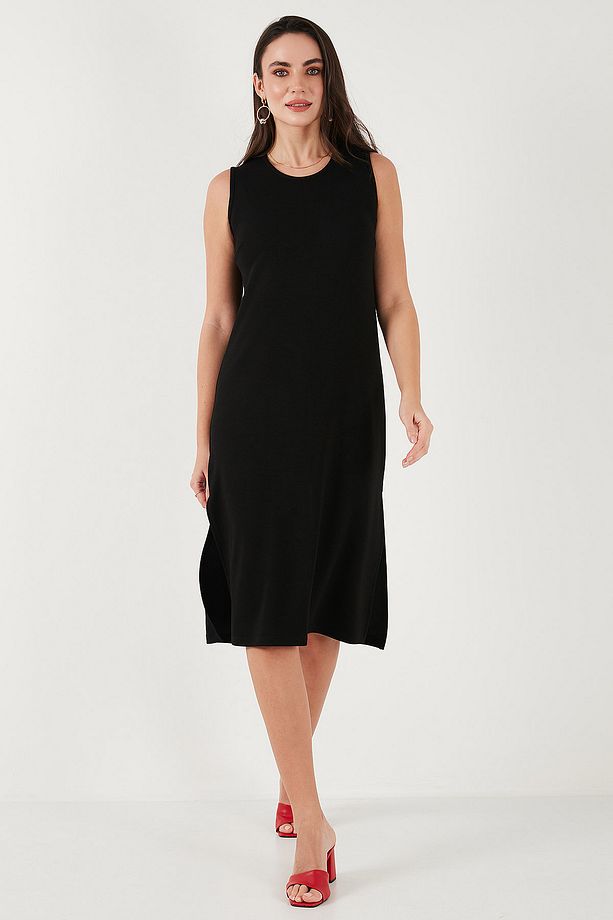 Regular Fit Bisiklet Yaka Yırtmaç Detaylı Basic Midi Elbise ELBİSE 5866160 - 2
