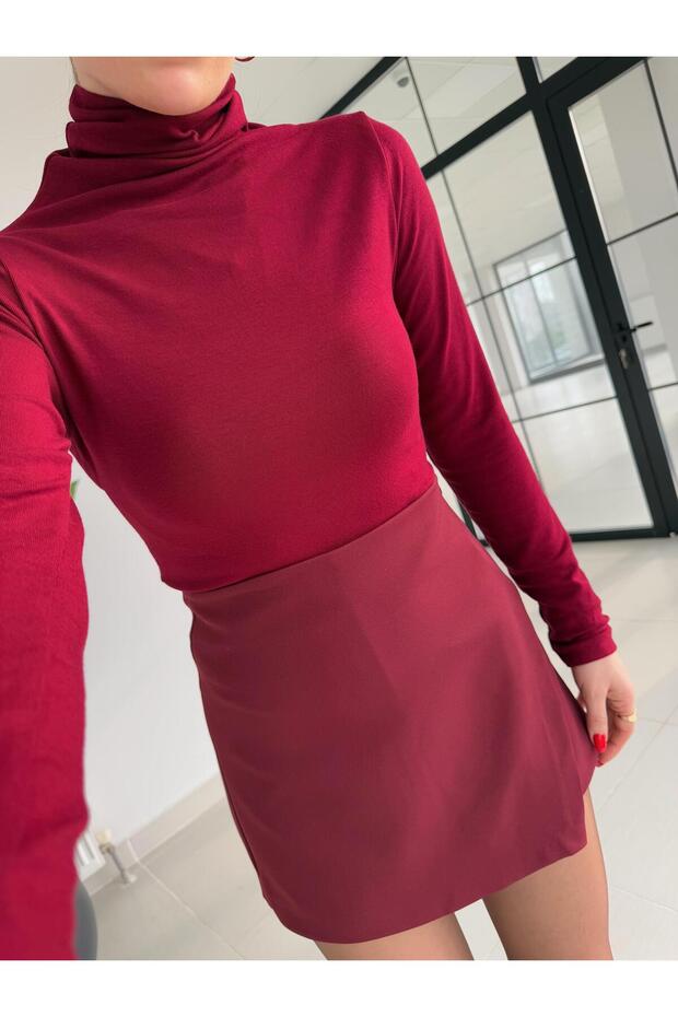 Bordo Marka Boğazlı Modal Kumaş Basic Bluz - 4