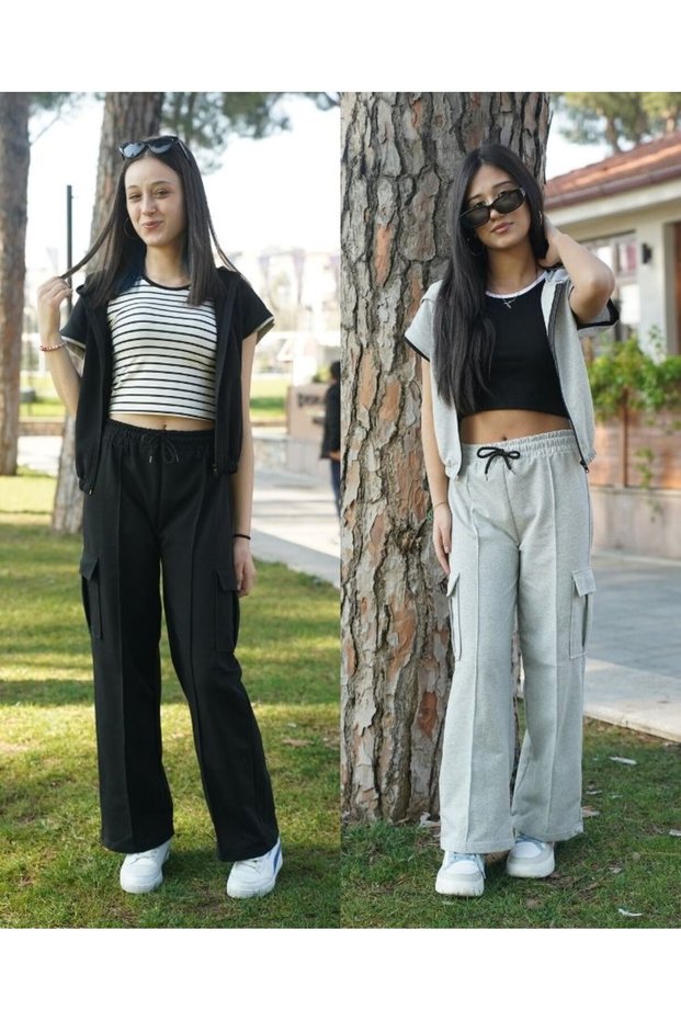 2-Piece Set: Hooded Sleeveless Zip-Up Jacket + Strap Crop Top + Double Cargo Pocket Ribbed Leg Bottom