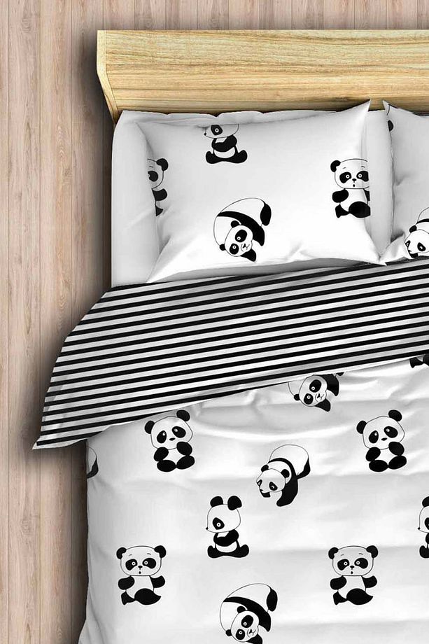 Çift Kişilik Kolay Ütülenir Nevresim Takımı B&W Panda - 3