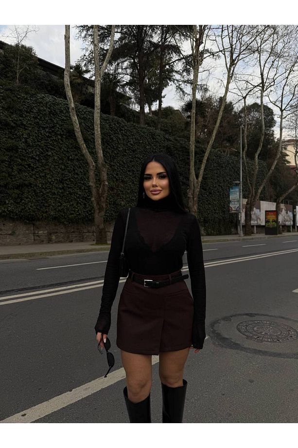 Kadın Acı Kahve Yüksek Bel Önü Cepli Kemerli Kısa Şort Etek - 1