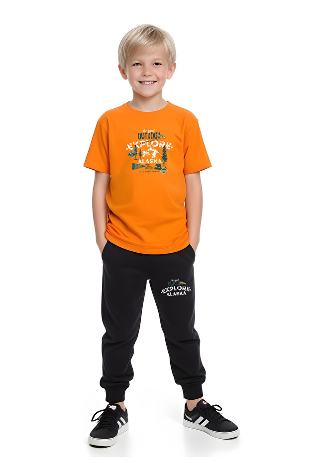 Outdoor Explore Printed Boy's Short Sleeve Double Pocket Bottom-Top Suit