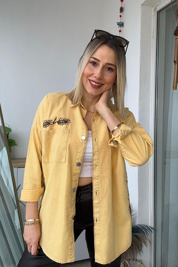 Oversize Başak Nakış Desen Sarı Gabardin Gömlek - 1