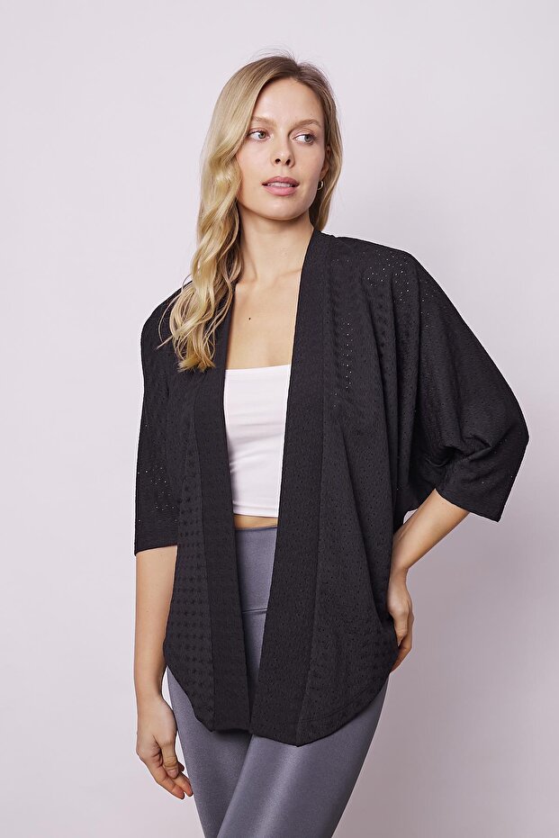 Women's Lycra Perforated 1St Class Fabric Lace Bat Casual Comfortable Cut Stylish Cardigan-Black