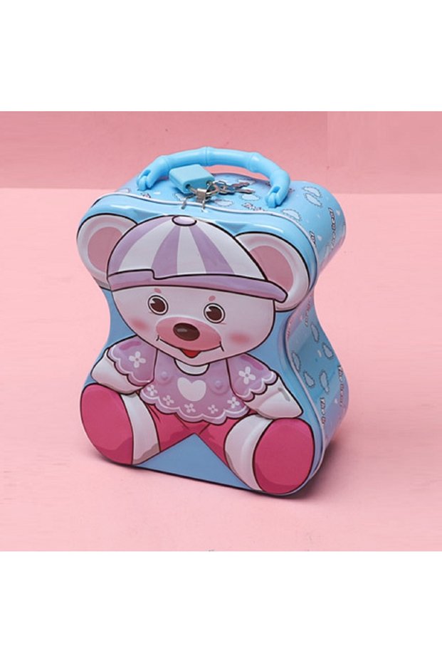 Cute Bear Metal Piggy Bank with Bag and Lock, Pink, 17X14-