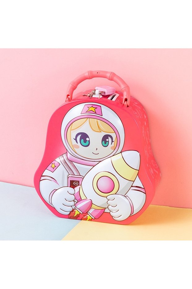 Astronaut Metal Piggy Bank with Bag and Lock, Pink, 15X8-