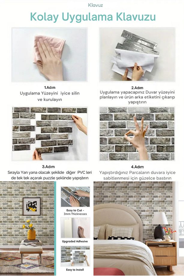 30X30cm 3D Kendinden Yapışkanlı Duvar Kağıdı Kaplama Dekorasyon Mutfak 6lı Paket 0,54m2 - 5