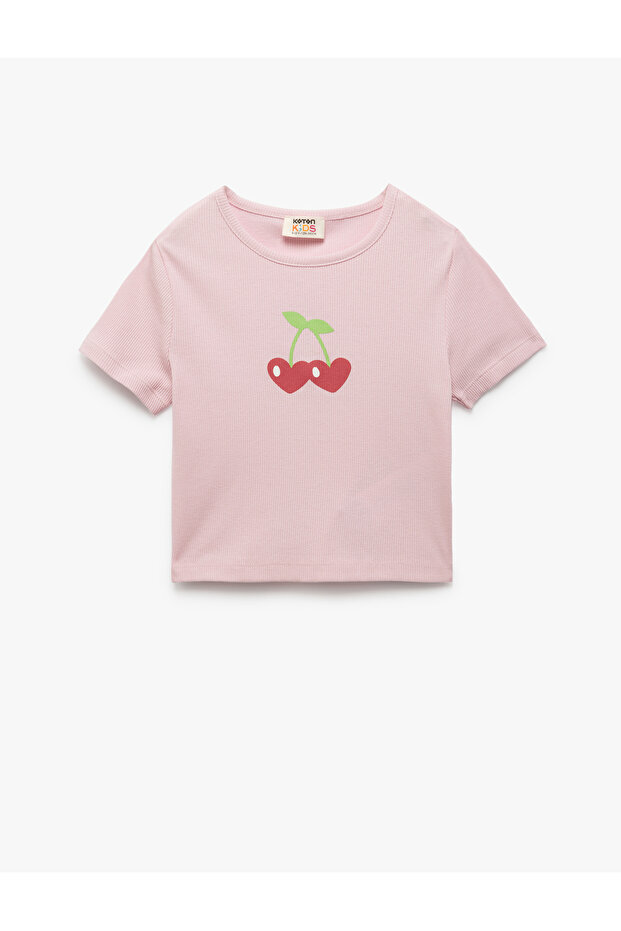 Cotton Crew Neck Short Sleeve Heart Printed Crop T-Shirt