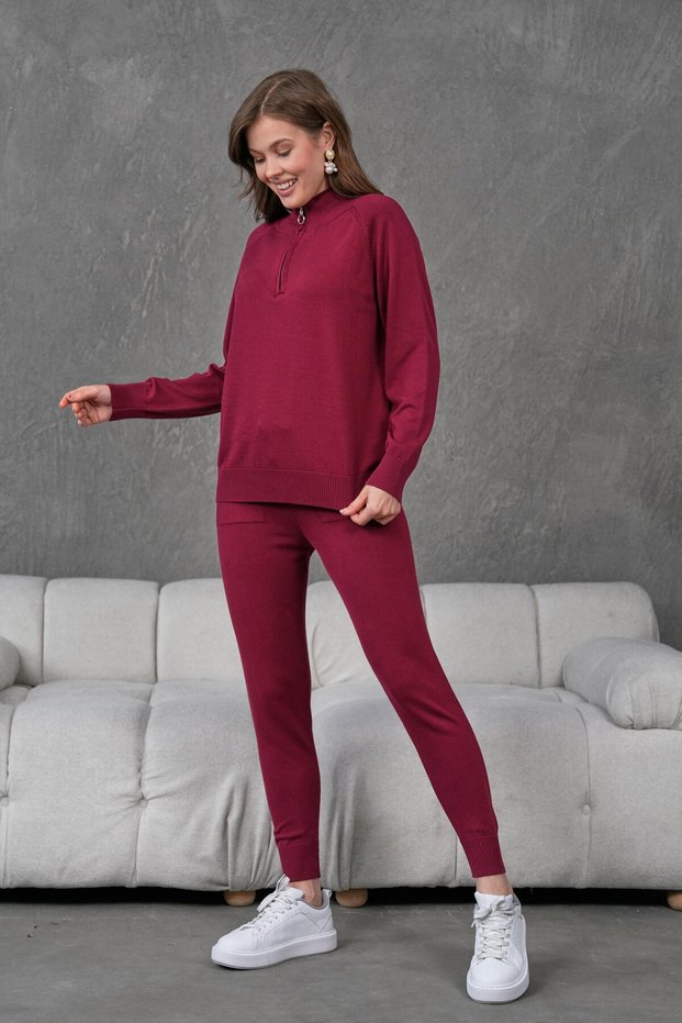 Women's Burgundy Knitwear Zippered Bottom Top Tracksuit Set 1559