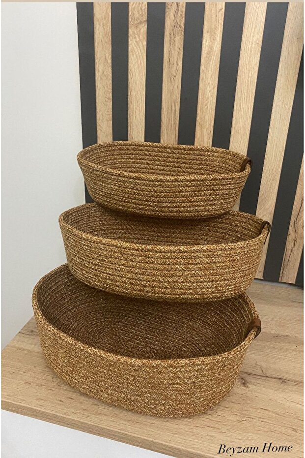 BEYZAM HOME OVAL JUTE WOVEN 3-PIECE HAND-WOVEN BASKET BATHROOM AND KITCHEN ORGANIZER