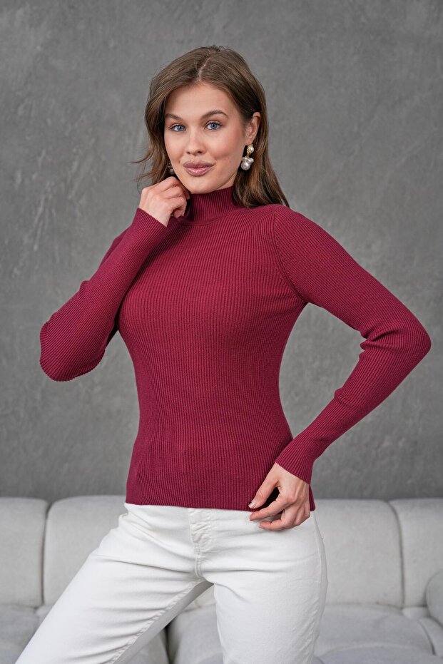 Half Fisherman Ribbed Badi Sweater 1246 Claret Red