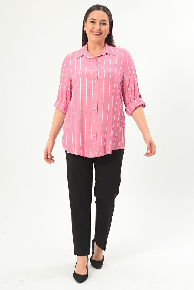 قميص فوشيا أساسي مخطط بمقاس كبير من Trend42plus - 2