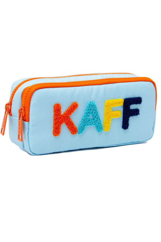 01108 Blue Color Orange Zippered Waterproof Bondit Fabric Plush Printed Double Eyed Pen Holder