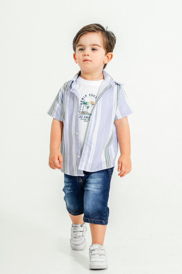 Stylish Shirt, Striped, Adjustable Waist, Short-Sleeved Shorts, 3-Piece Set - Children's and Baby Clothing Special Offer