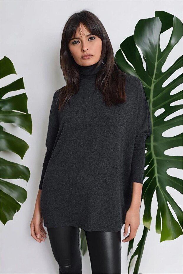Kadın Antrasit Yeni Moda Uzun Kol Oversize Kesim Basic Örme Bluz - 1