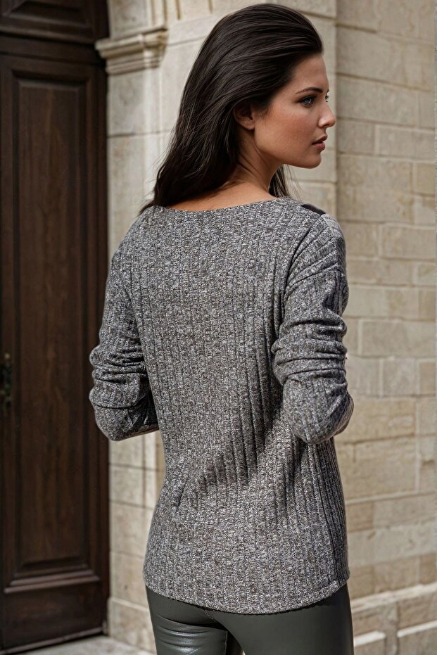 Antrasit V Yaka, Çift Şerit Detaylı, Triko Bluz - 2