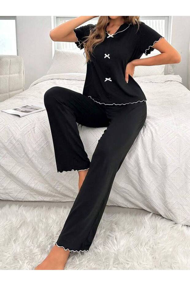 Black Short-Sleeved Mini Bow-Detail Comfortable Viscose Pajama Set BADGİRL