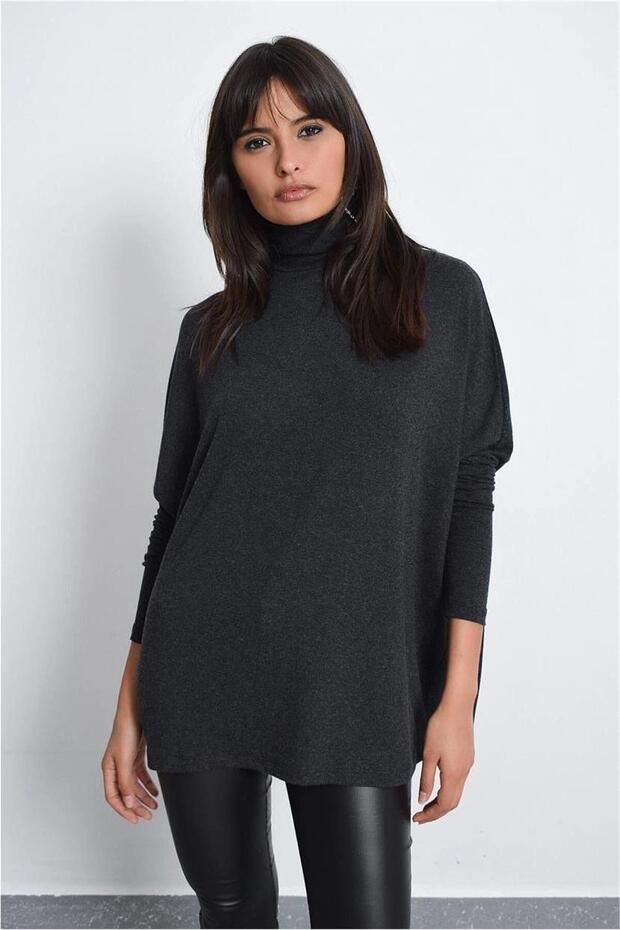 Kadın Antrasit Yeni Moda Uzun Kol Oversize Kesim Basic Örme Bluz - 2
