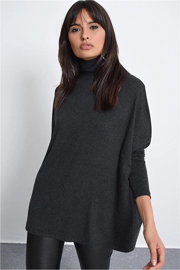 Kadın Antrasit Yeni Moda Uzun Kol Oversize Kesim Basic Örme Bluz - 5