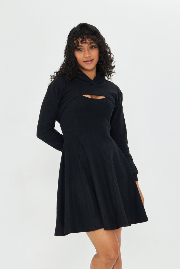 Women's Black Color Hooded Bolero Volenes Zero Sleeve Dress Suit
