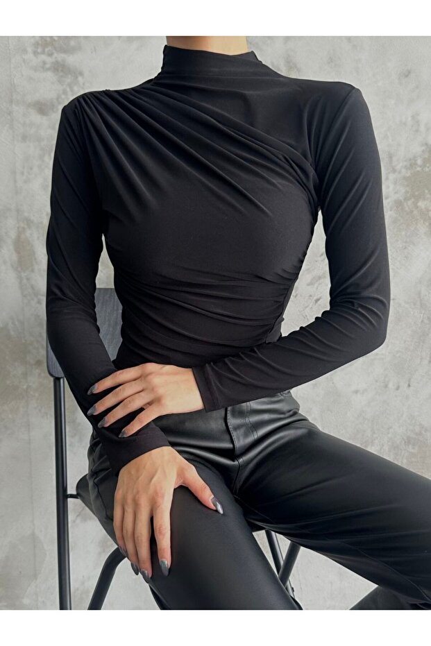 Draped Black Stand Collar Blouse - 1