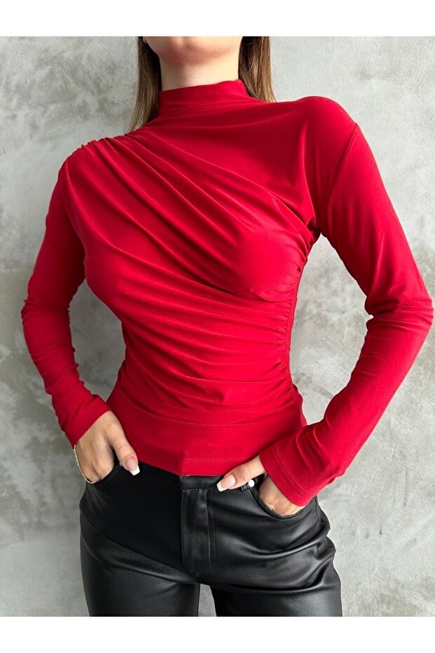 Draped Red Stand Collar Blouse - 4