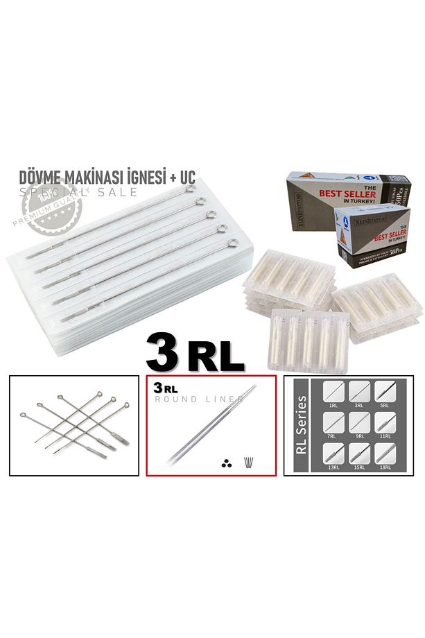 50 ADET 3RL DÖVME İĞNESİ ve UCU - DÖVME MAKİNASI İĞNESİ + UC - 3RL - 1