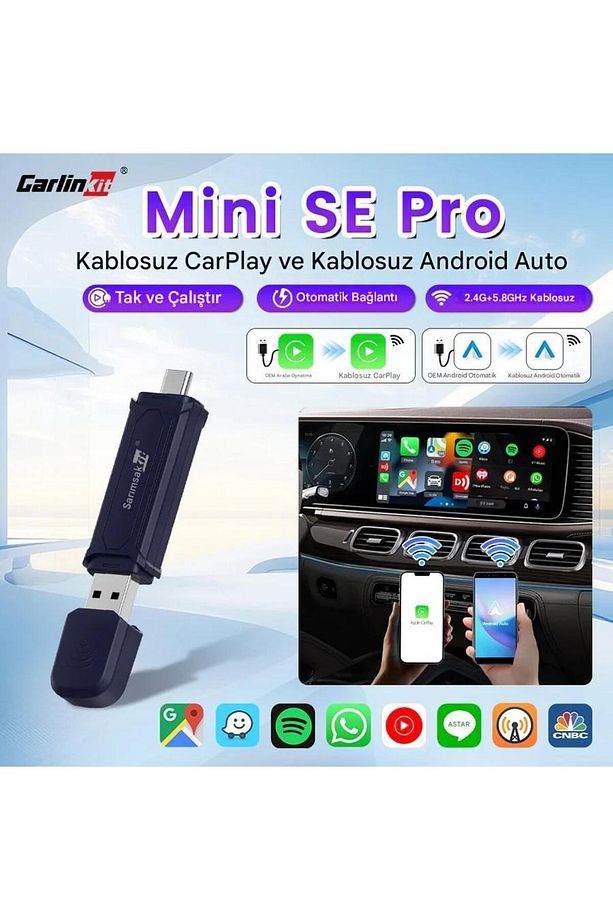Mini 5 Pro Kablosuz Araç Adaptörü 2in1 Carplay & Android Auto Hızlı Bluetooth Wifi 2025 Yeni Model - 1