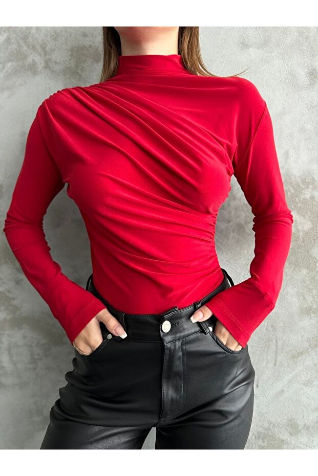 Draped Red Stand Collar Blouse - 1