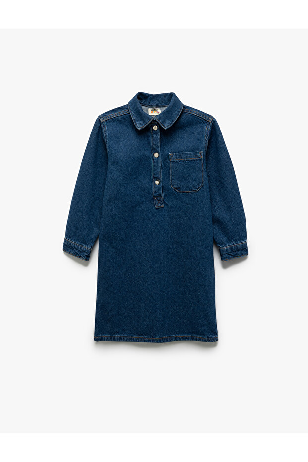 Oversize Denim Shirt Collar Dress with Cotton Pocket Detail