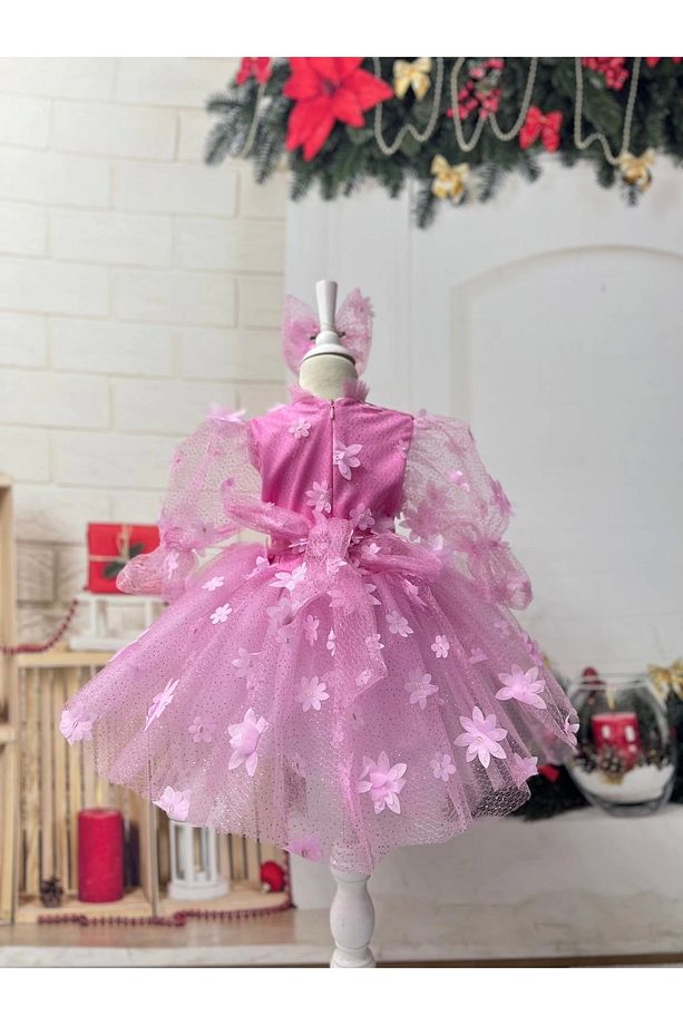 Pembe 3D Çicek desenli Kız Çocuk Elbises - 4