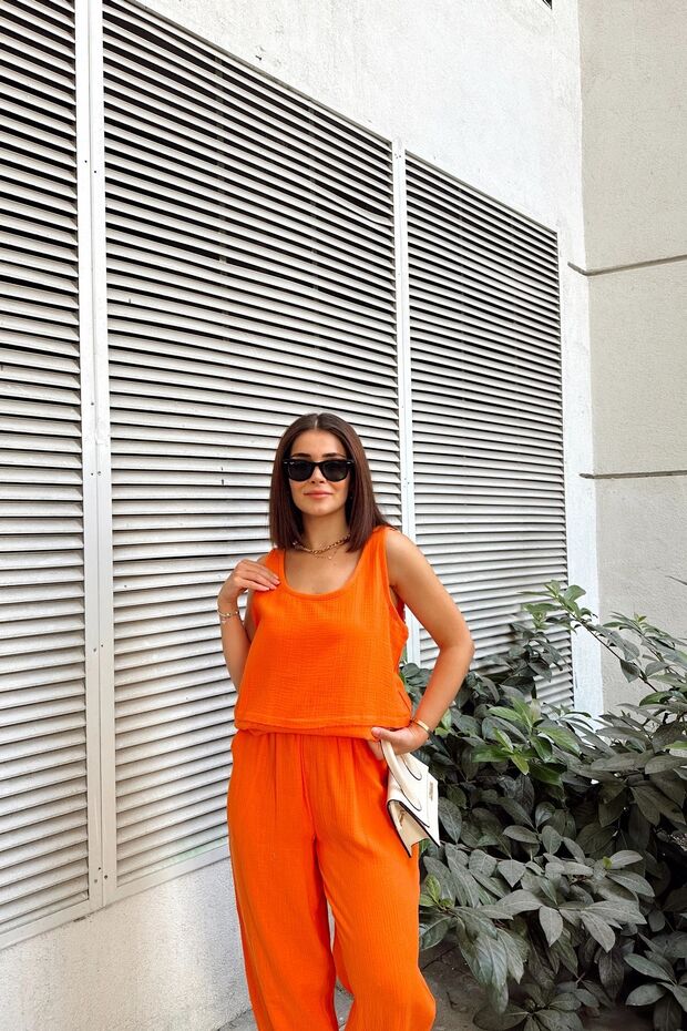 Orange Imported Muslin Fabric, Basic, Layered, Loose Strap Blouse & Undershirt - 7